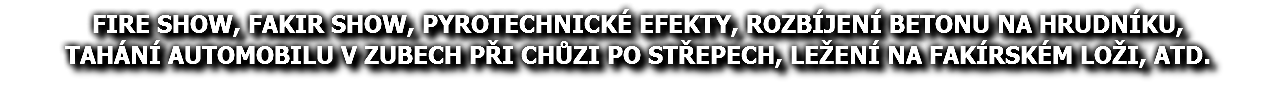 FIRE SHOW, FAKIR SHOW, PYROTECHNICKÉ EFEKTY, ROZBÍJENÍ BETONU NA HRUDNÍKU, TAHÁNÍ AUTOMOBILU V ZUBECH PŘI CHŮZI PO STŘEPECH, LEŽENÍ NA FAKÍRSKÉM LOŽI, ATD.